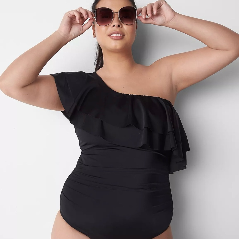 Lane Bryant Cacique Black One Shoulder Ruffle No Wire Repreve One Piece Swimsuit